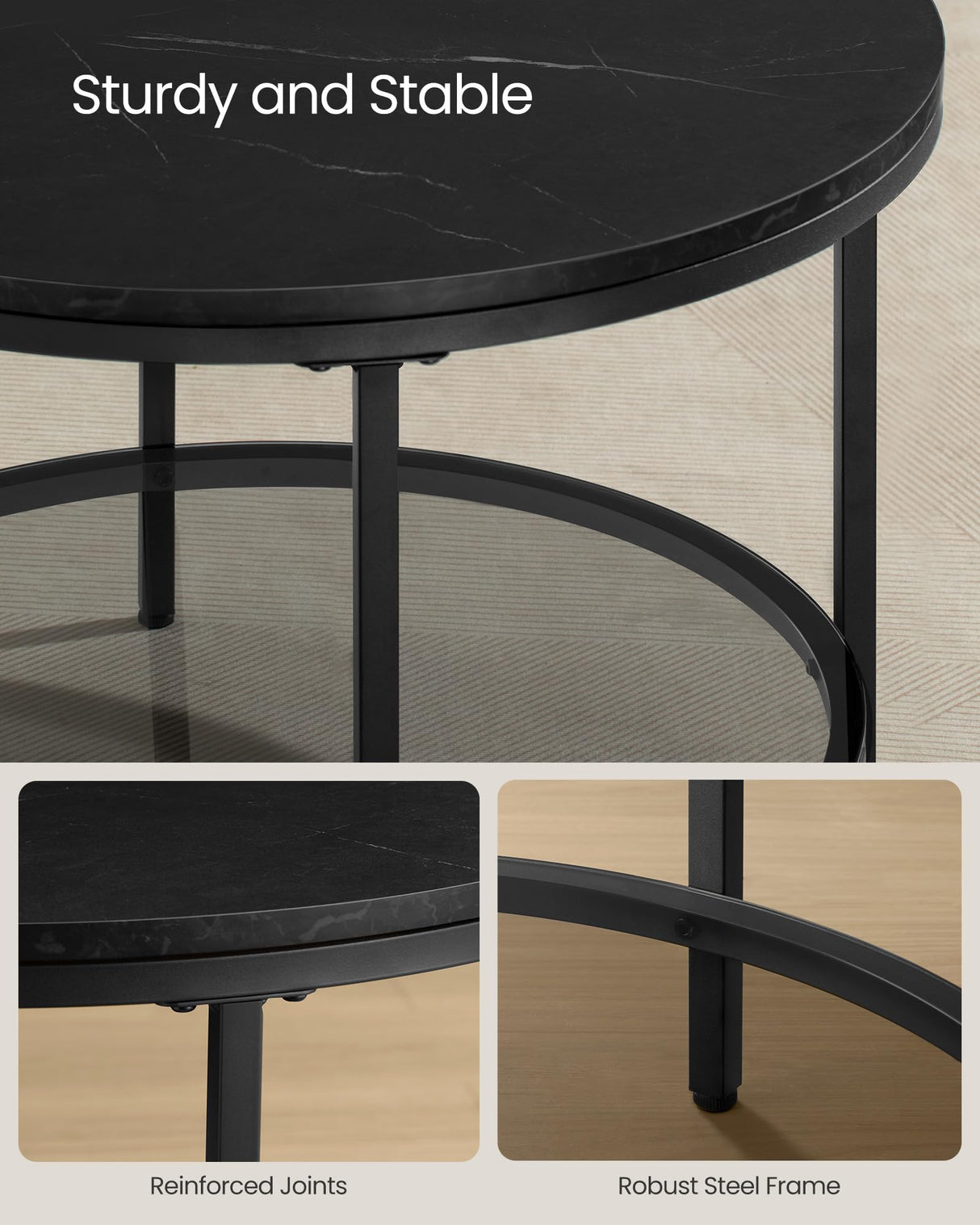 Round Coffee Table, Small Coffee Table with Faux Marble Top and Glass Storage Shelf