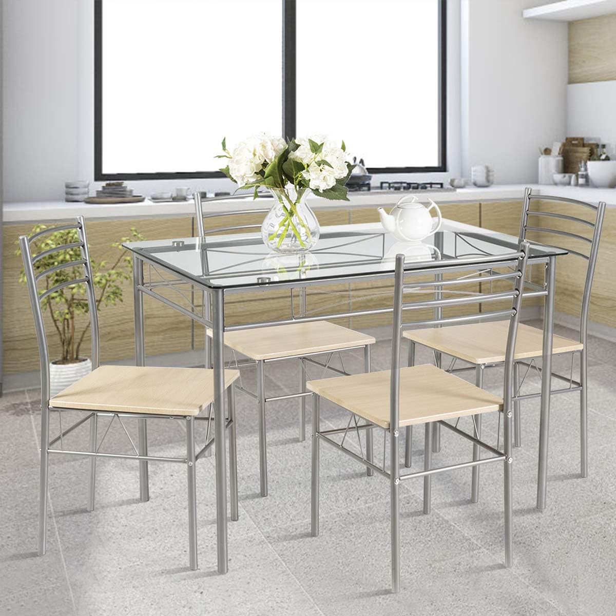 5-Piece Glass Dining Table Set with 4 Chairs