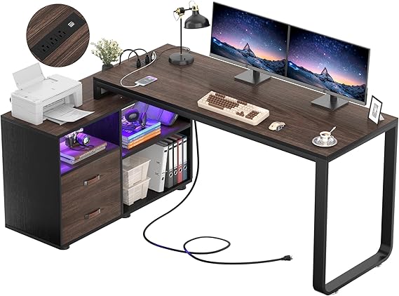 HomeEase 55-Inch L-Shaped Desk with File Cabinet, Power Outlet & Reversible Design