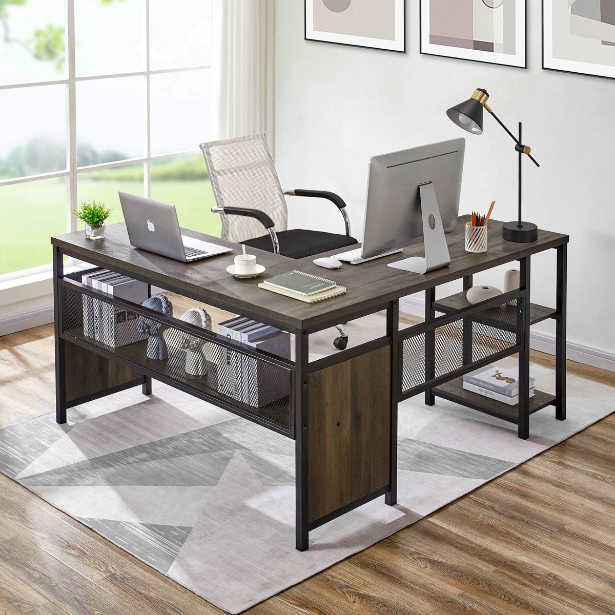 Shaped Computer Desk with Wood Shelves, Industrial Reversible Home Office Corner Desk