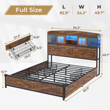 Farmhouse Full Size Metal Bed Frame with Storage Shelf Headboard, 4 Drawers, LED