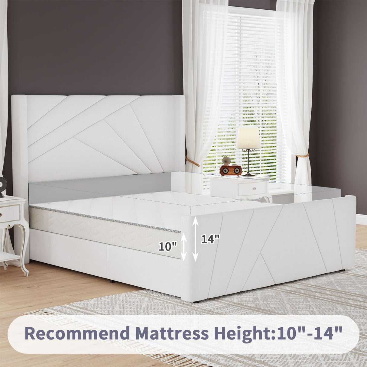 Queen Velvet Platform Bed with Geometric Tufted Headboard