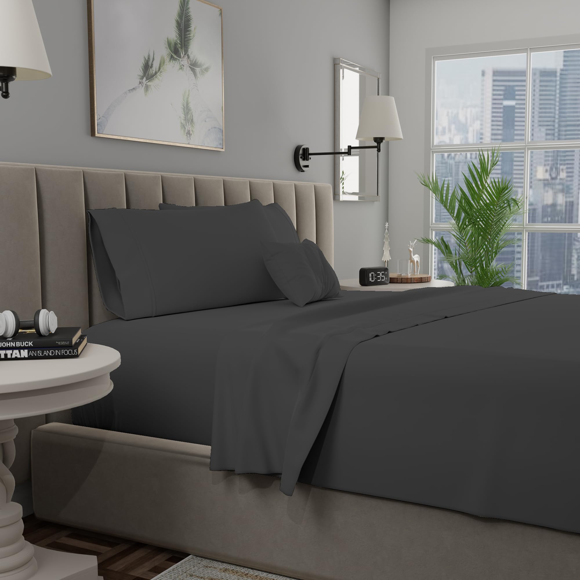 100% Cotton Dark Gray Sheets for Queen Bed, 400TC Percale Sheets