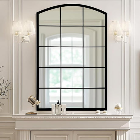 Arched Window Metal Mirror, Black Large Rustic Windowpane Wall Mirror