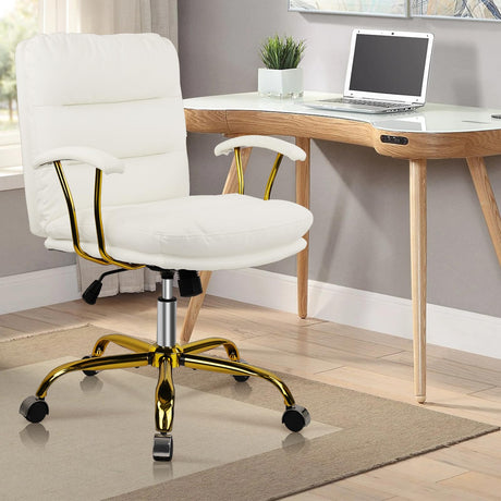 White and Gold Home Office Chair, Comfy Swivel Leather Desk Chair with Wheels and Armrests