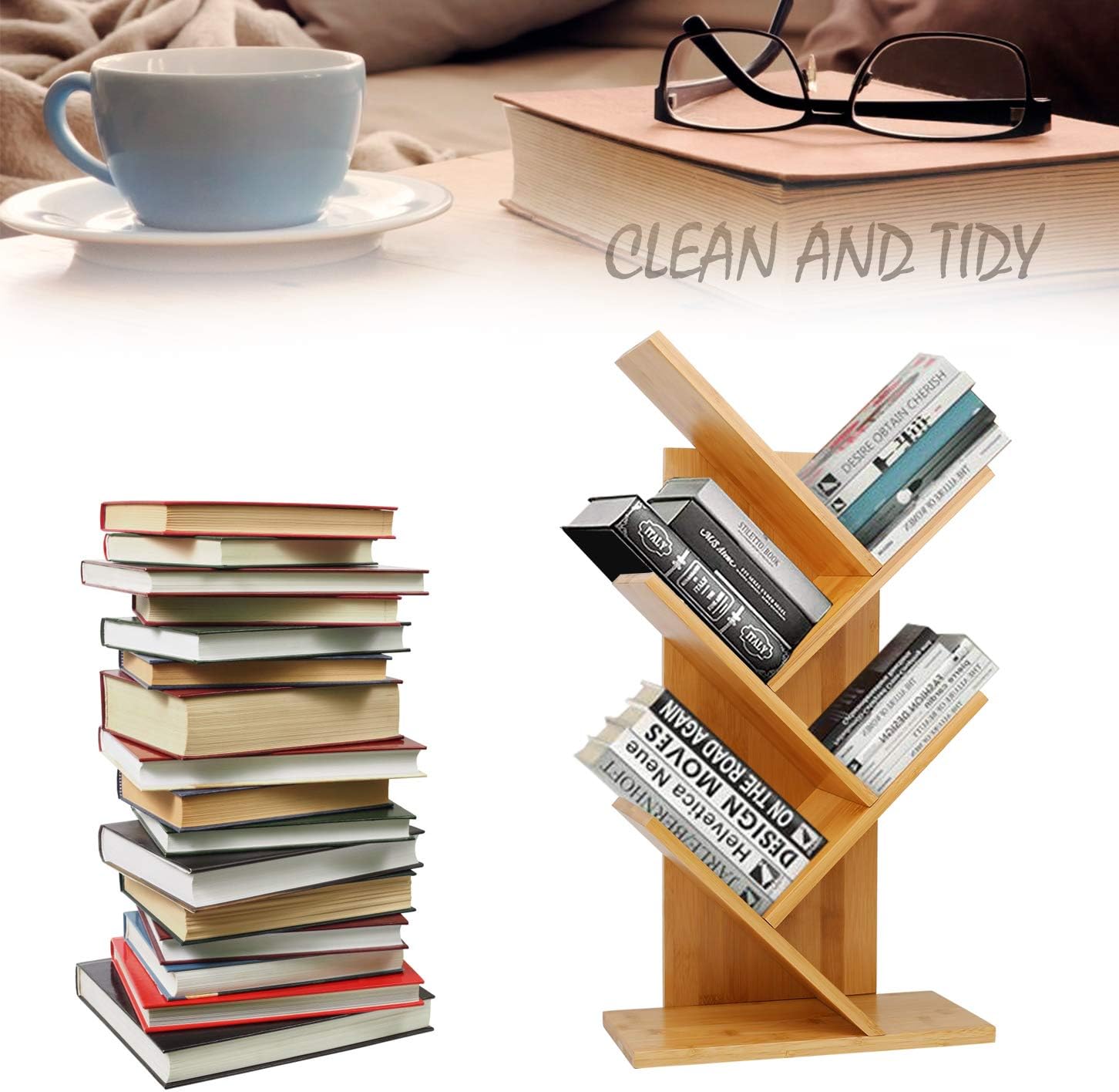 Oberhoffe Bamboo Book Rack,Tree Bookshelf,Desktop Organizer Office Storage Rack,4-Tier Bookcase,Free-Standing CDs Holder Organizer, Multifunction Display Rack for Books,Magazines,CDs and Photo
