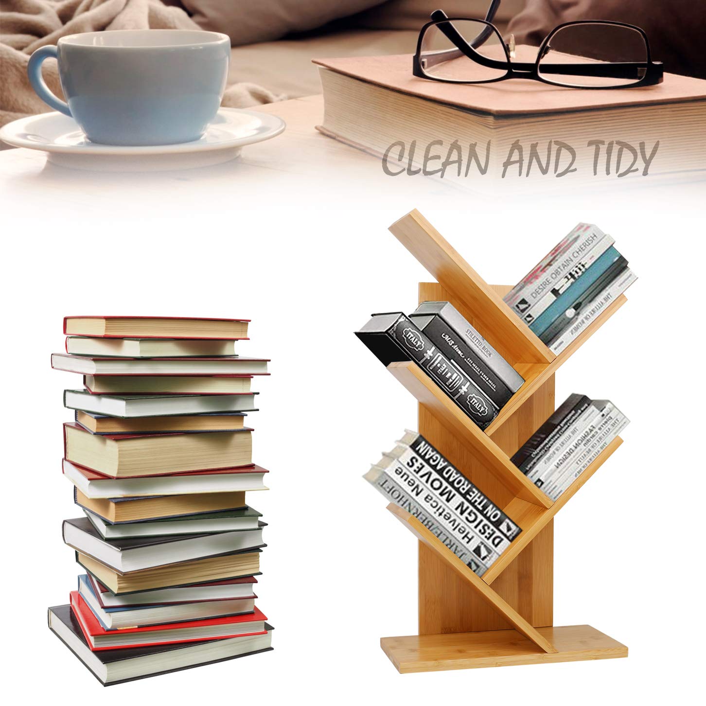 Oberhoffe Bamboo Book Rack,Tree Bookshelf,Desktop Organizer Office Storage Rack,4-Tier Bookcase,Free-Standing CDs Holder Organizer, Multifunction Display Rack for Books,Magazines,CDs and Photo