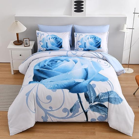 Blue Comforter Set 7 Piece Bed in a Bag Blue Rose Comforter