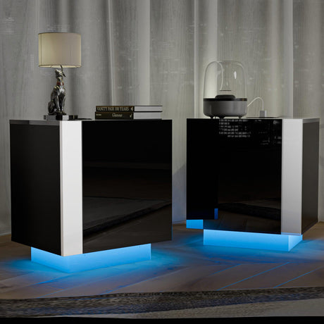 LED Nightstand Set of 2, High Gloss Night Stand with Charging Station