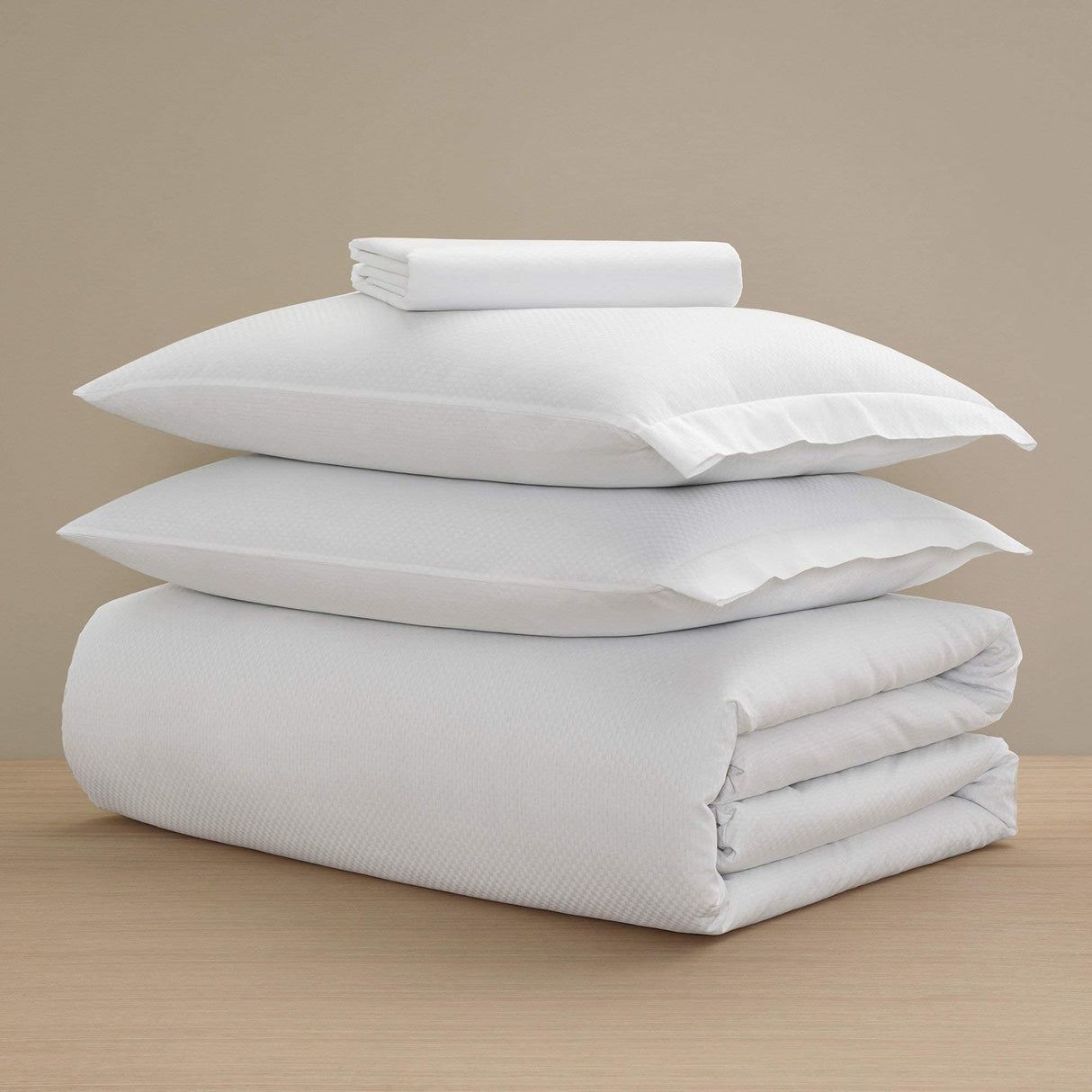 Checkered Sateen Standard Bed Bundle (King) - Luxury All-White Bedding Bundle/Includes