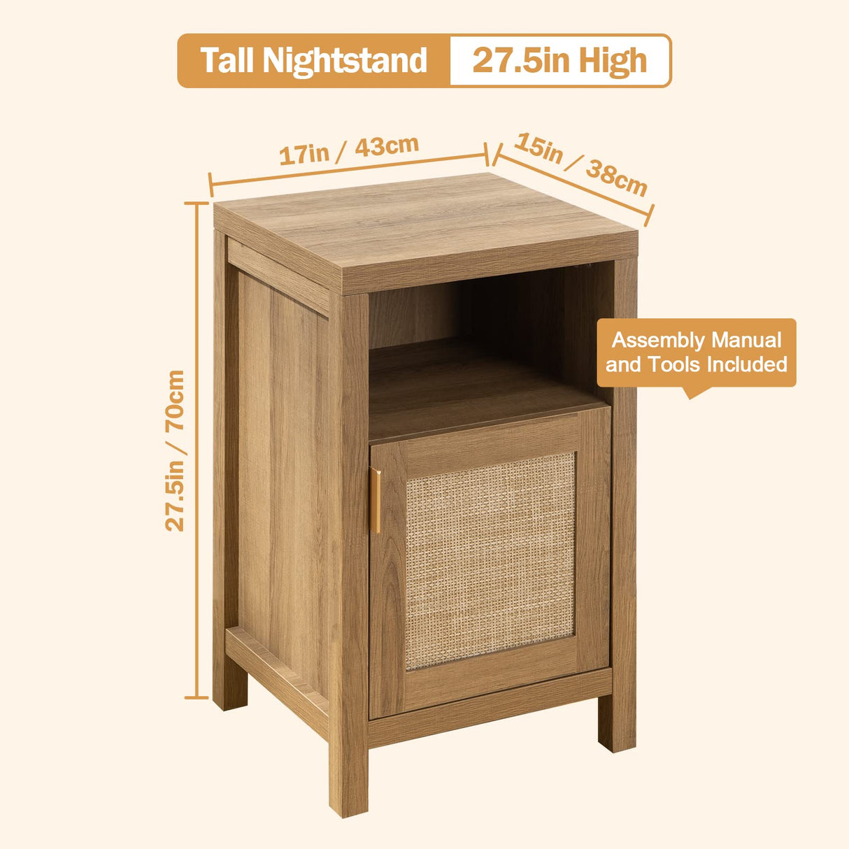 Tall Nightstand Set of 2 - Rattan Night Stand Farmhouse Bedside Table Boho End Table