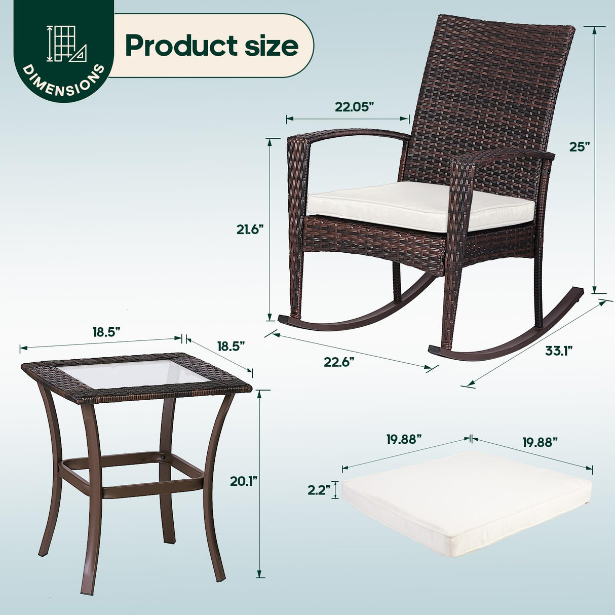 3 Piece Wicker Rocking Chair Patio Furniture Sets, Outdoor Wicker Bistro Rattan Chair