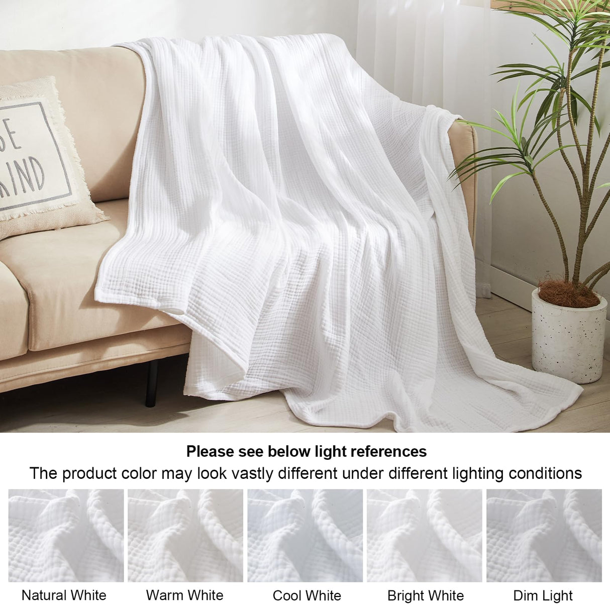 100% Cotton Muslin Blanket King Size 108" x 90", 4-Layer Lightweight and Breathable Blanket for Summer