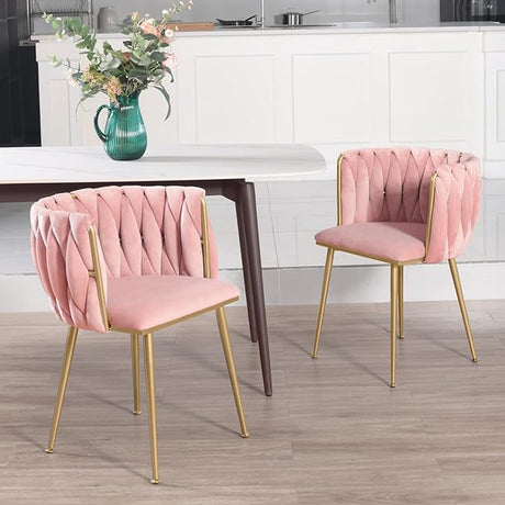 Velvet Dining Chairs Set of 2, Accent Chairs with Gold Metal Legs, Woven Upholstered