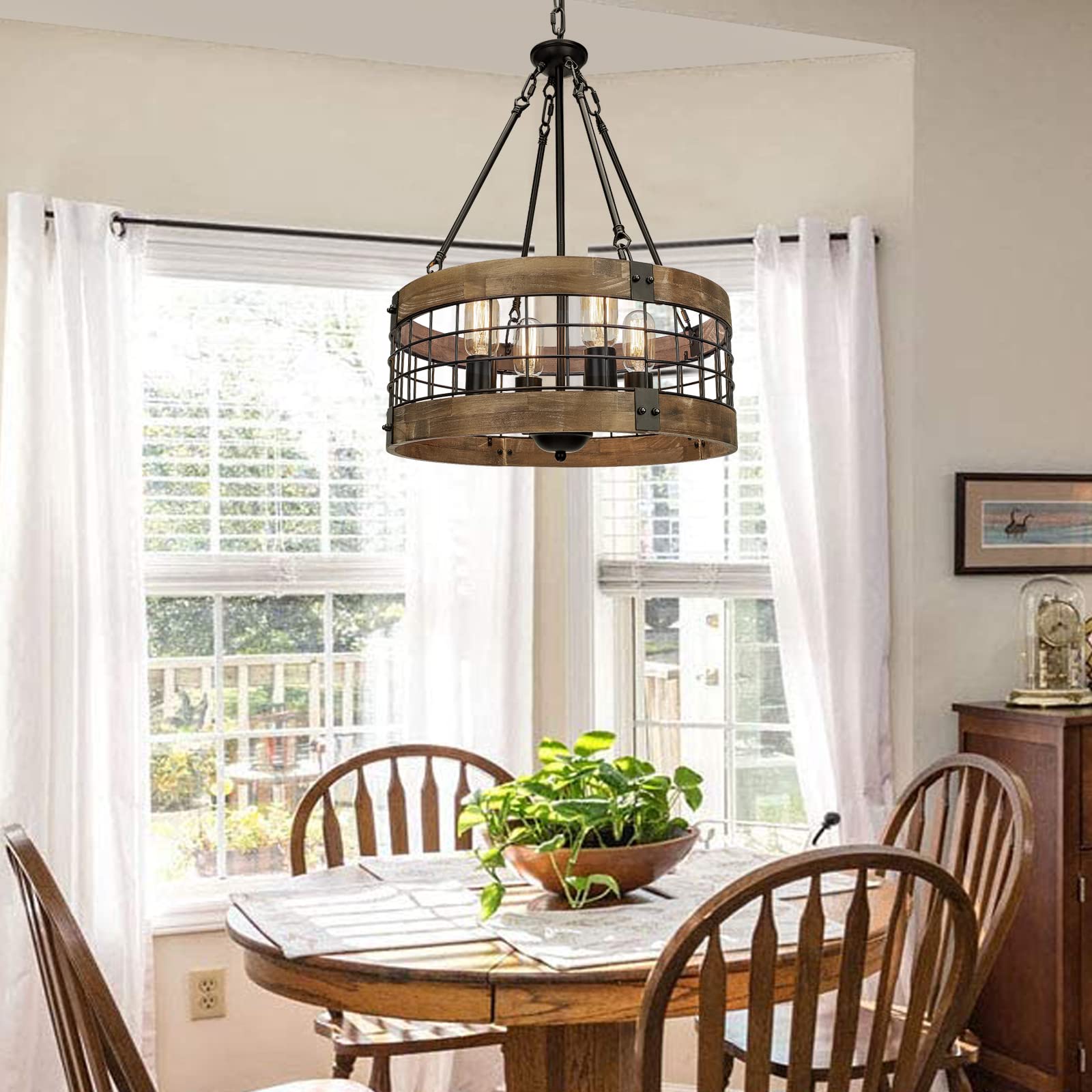 Farmhouse Rustic Chandelier Light Fixture, 4-Light Round Hanging Pendant