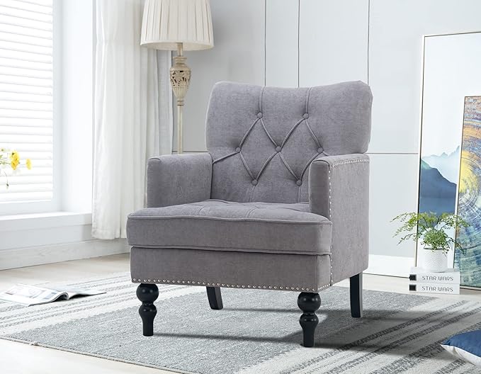 Earnest Button Tufted Mid-Century Modern Accent Arm Lounge Chair in Gray