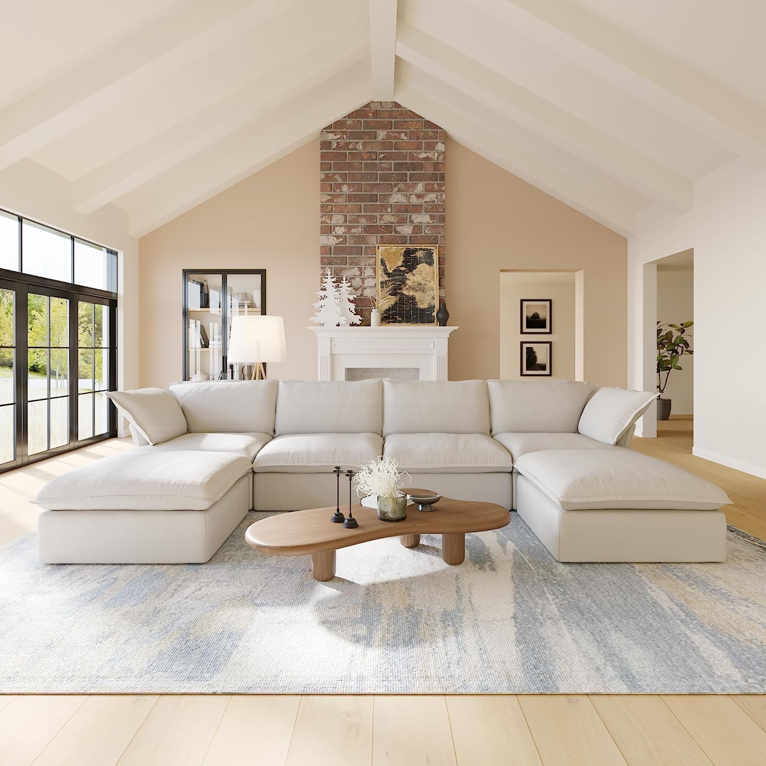 JACH U Shape Couch Sectional for Living Room, Convertible Sectional Sofa, Modern Deep Seat Cloud Couch, Modular Sectional Couch with Ottomans for Living Room, Office, Apartment (6-Seat, Beige)