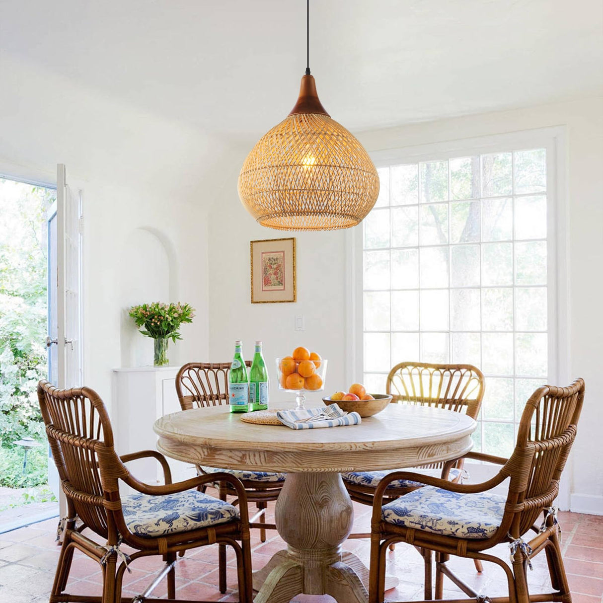 Karjearl Rattan Pendant Light, 15.7" Rattan Chandelier Hand-Woven Boho Pendant Light Fixtures with Solid Wood, Basket Wicker Chandelier for Dining Room Kitchen Island Living Room