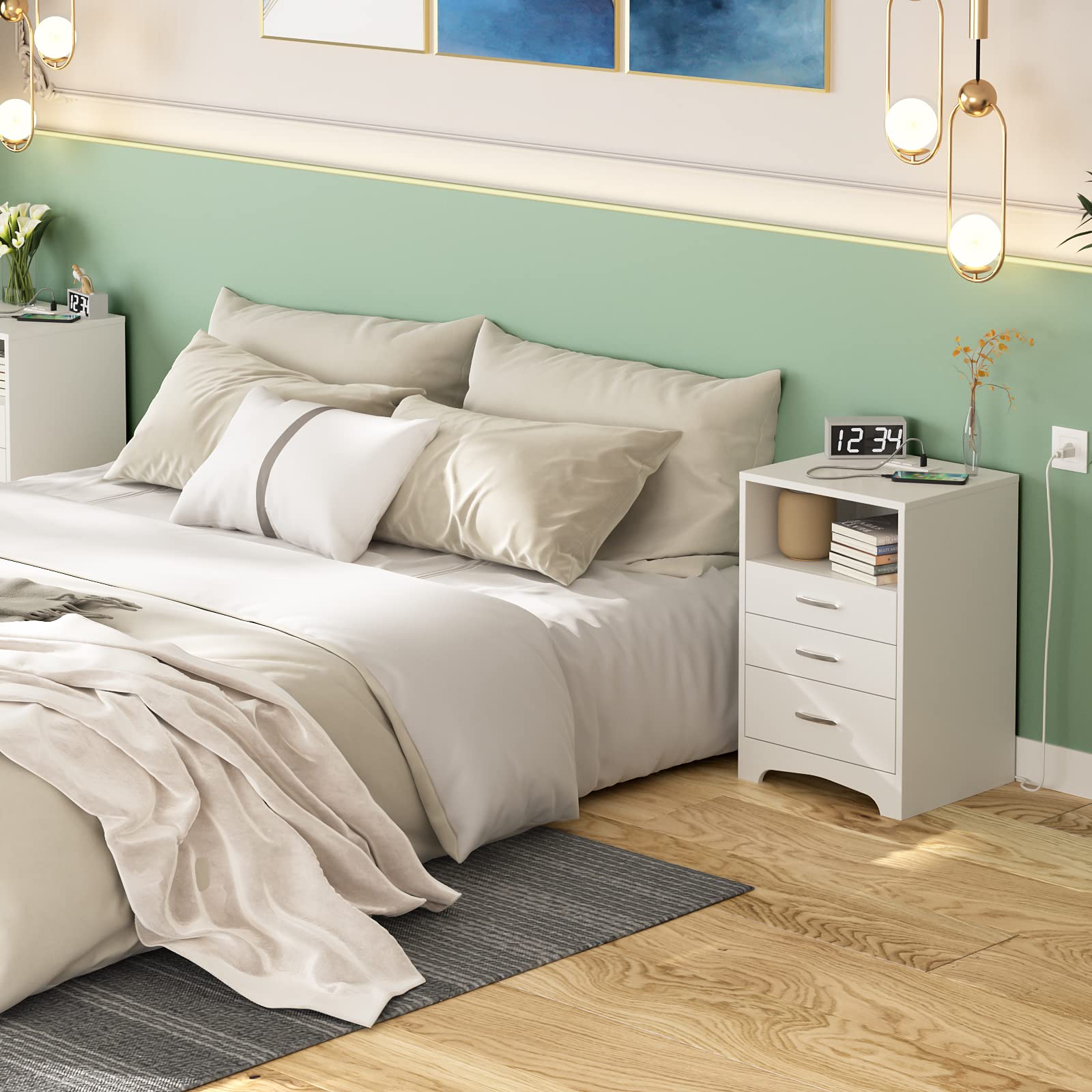 White Nightstand with Charging Station, Modern End Side Table with 3 Drawers, Wooden