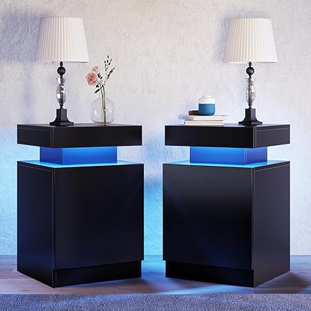 Nightstand Set of 2 with LED Lights,Night Stand with Storage Cabinet for Bedroom,Bedside Table with LED, White