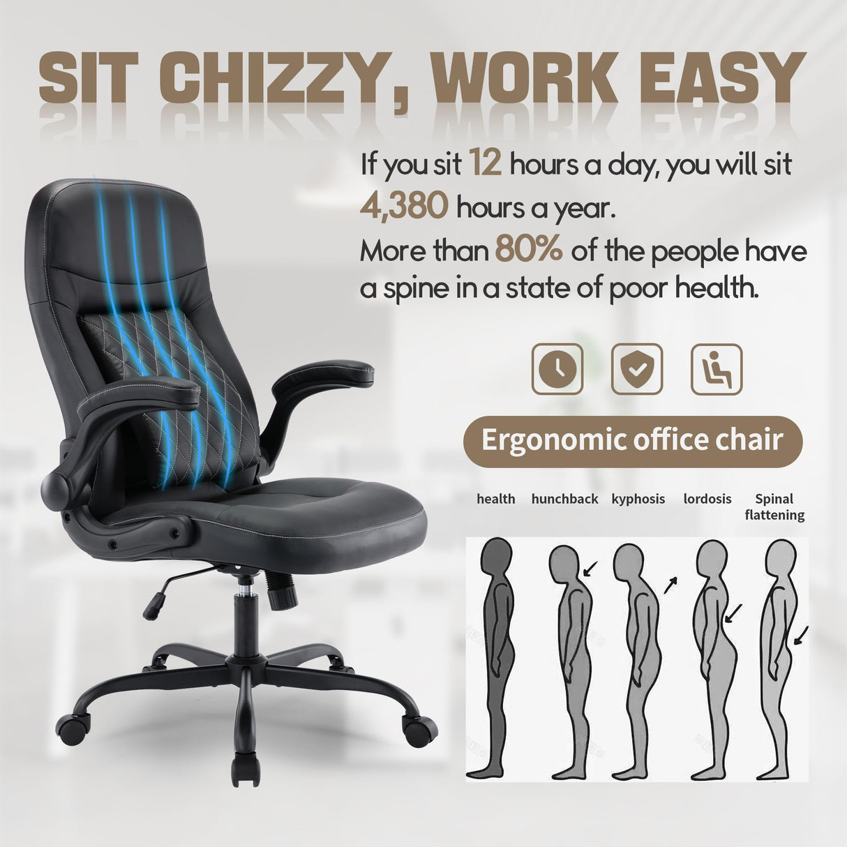 Ergonomic Executive Office Chair with Airbag Lumbar Support,Comfortable Leather Office