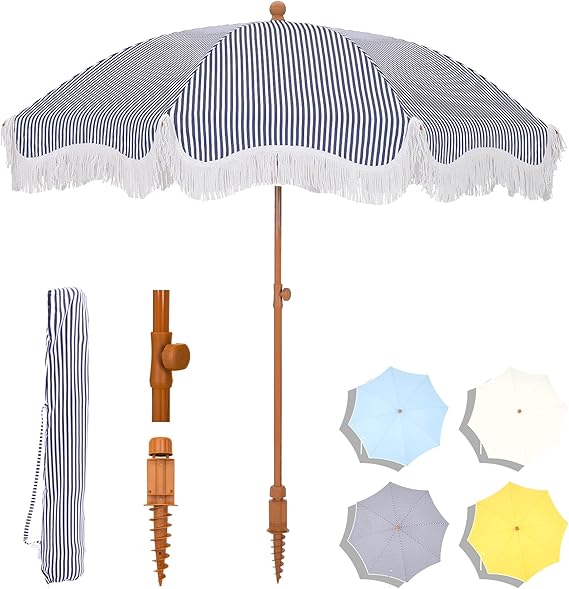 7ft Patio Beach Umbrella with Fringe, Tassel Umbrellas UPF50+ with Sand Anchor & Tilt