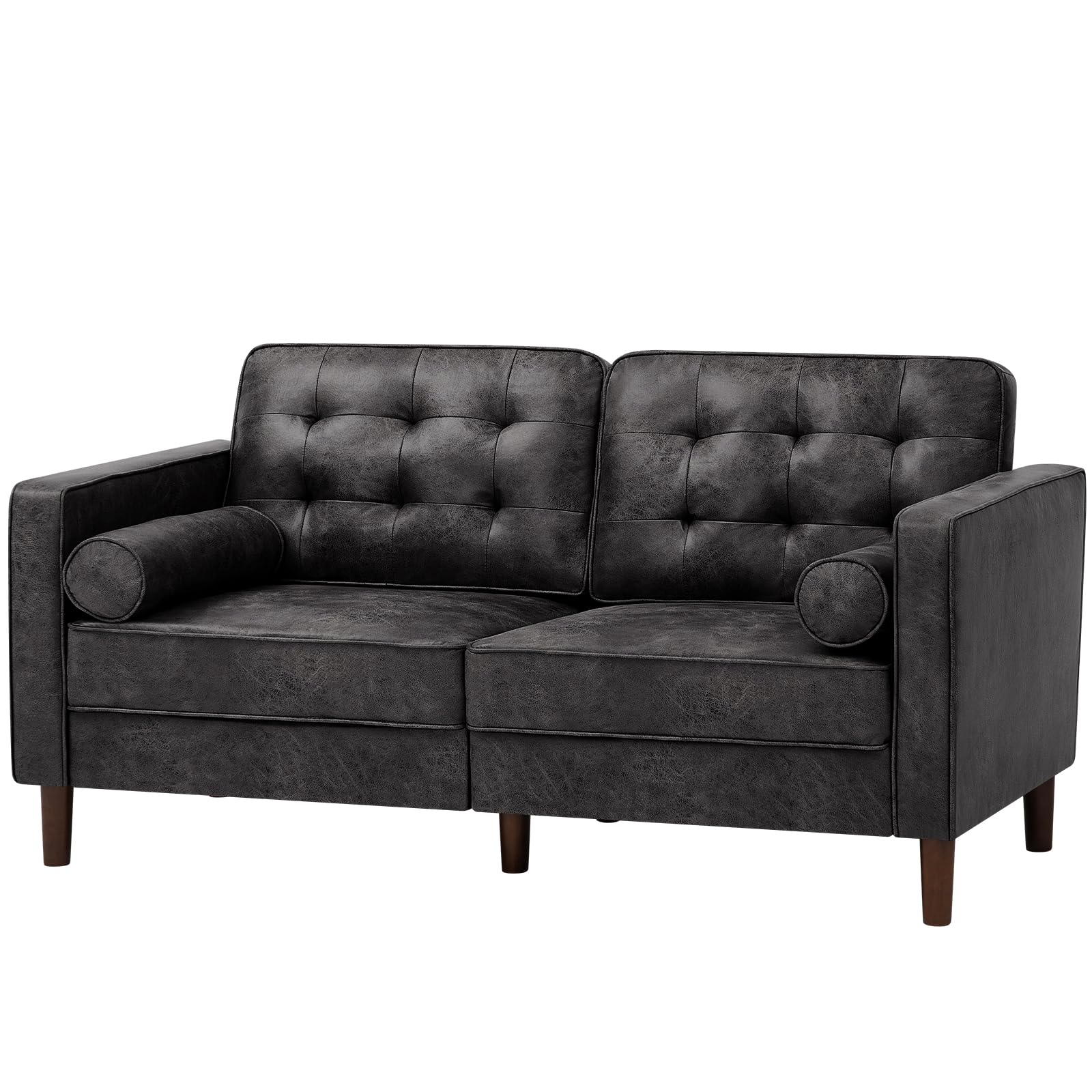 67" Faux Leather 2-Seat Sofa with 2 Bolster Pillows, Tufted Loveseat