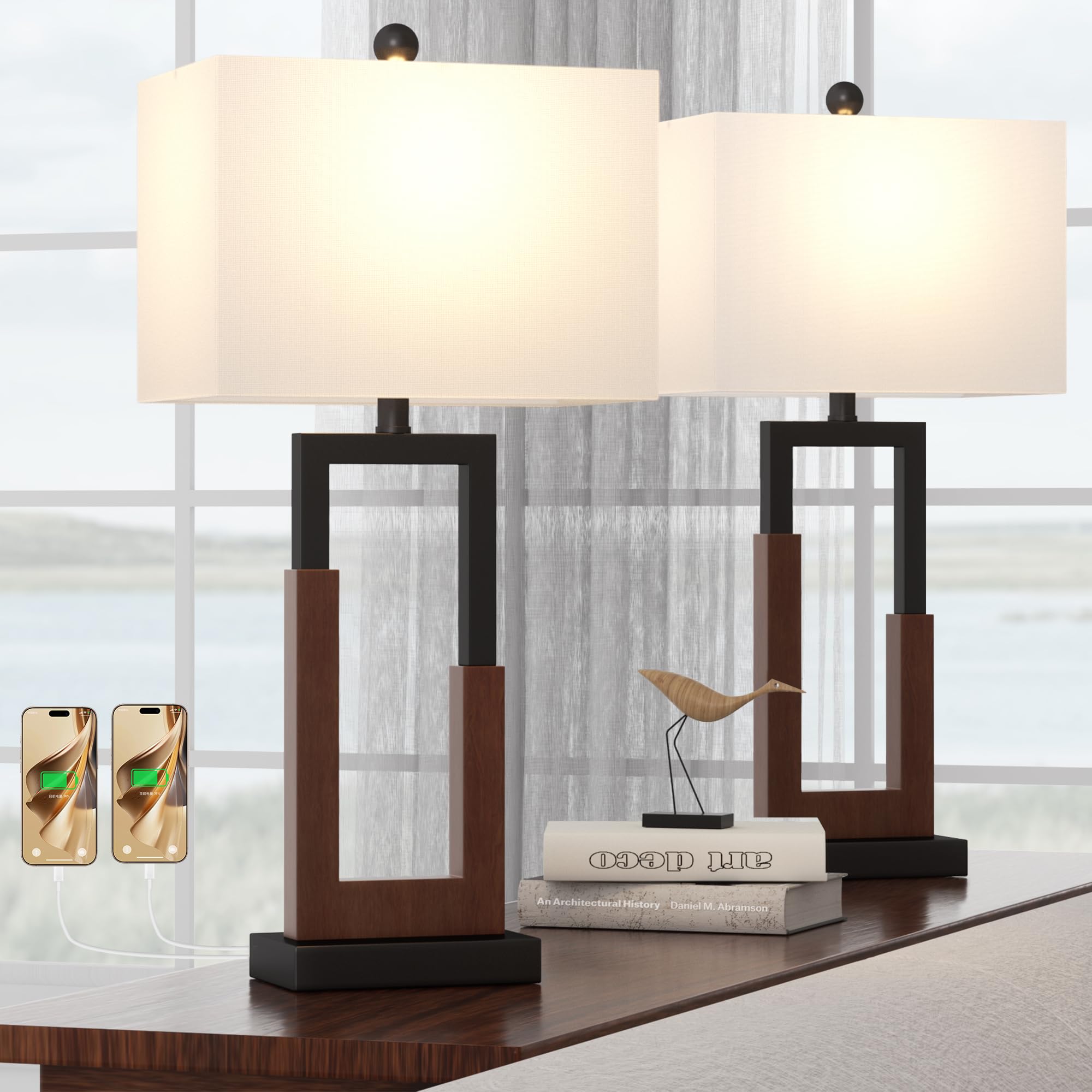 30" Farmhouse Table Lamps Set of 2 with USB-C Charging
