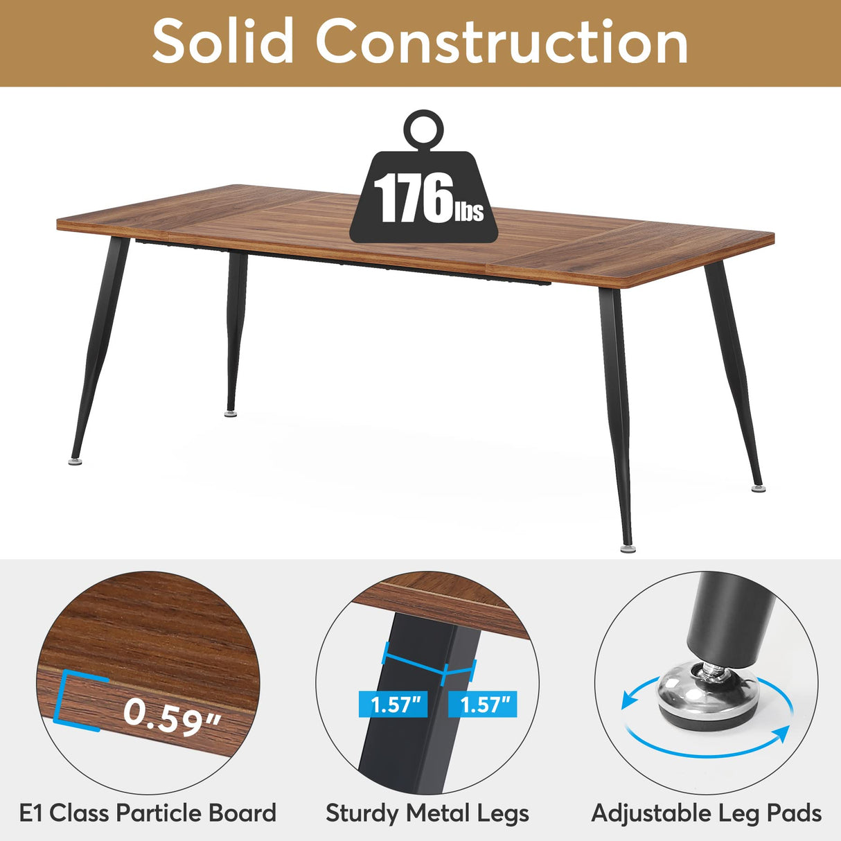 70.9 Inch Large Rectangular Dining Table Kitchen Furniture,Brown+Black