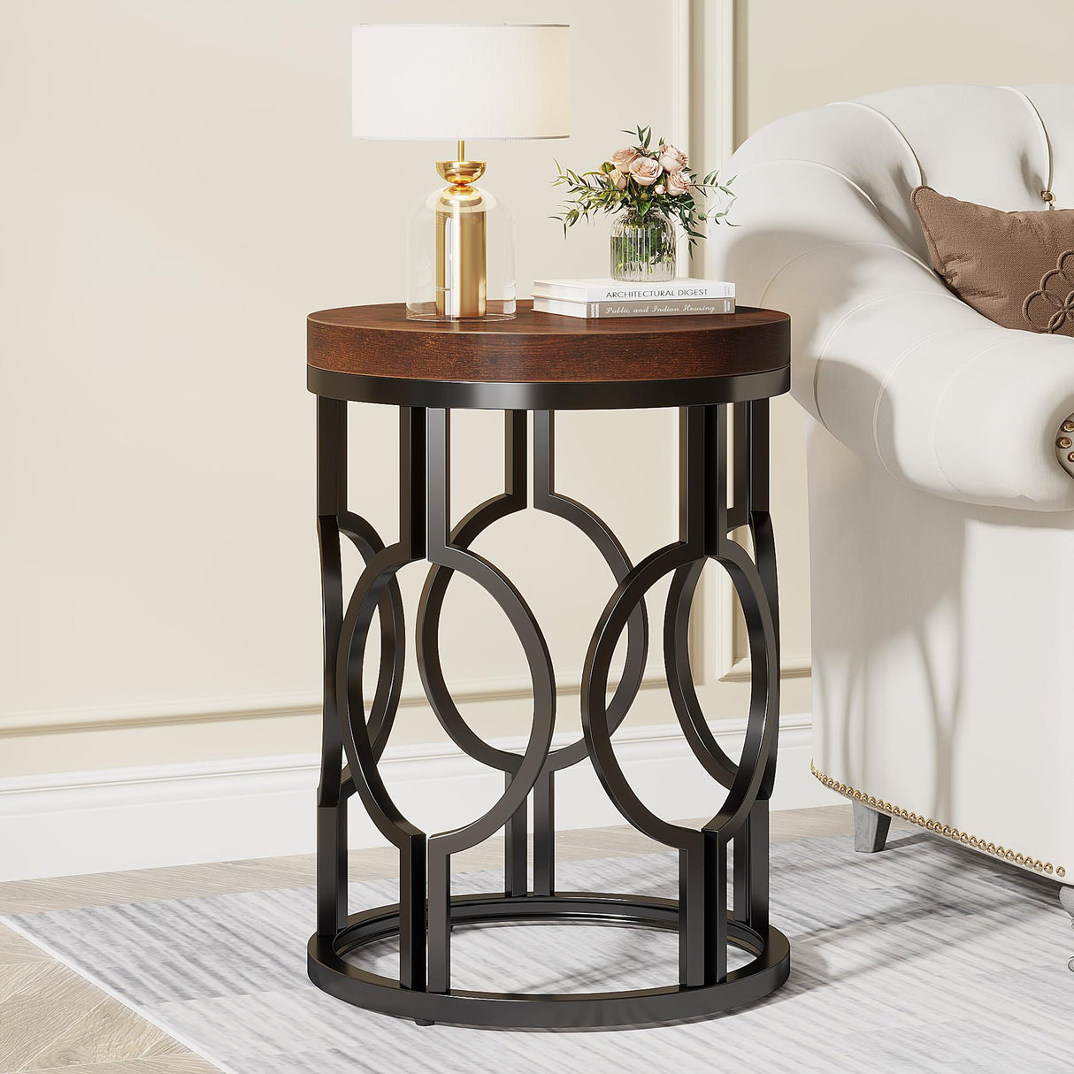 Round End Table, Industrial SideTable with Metal Hollow Frame