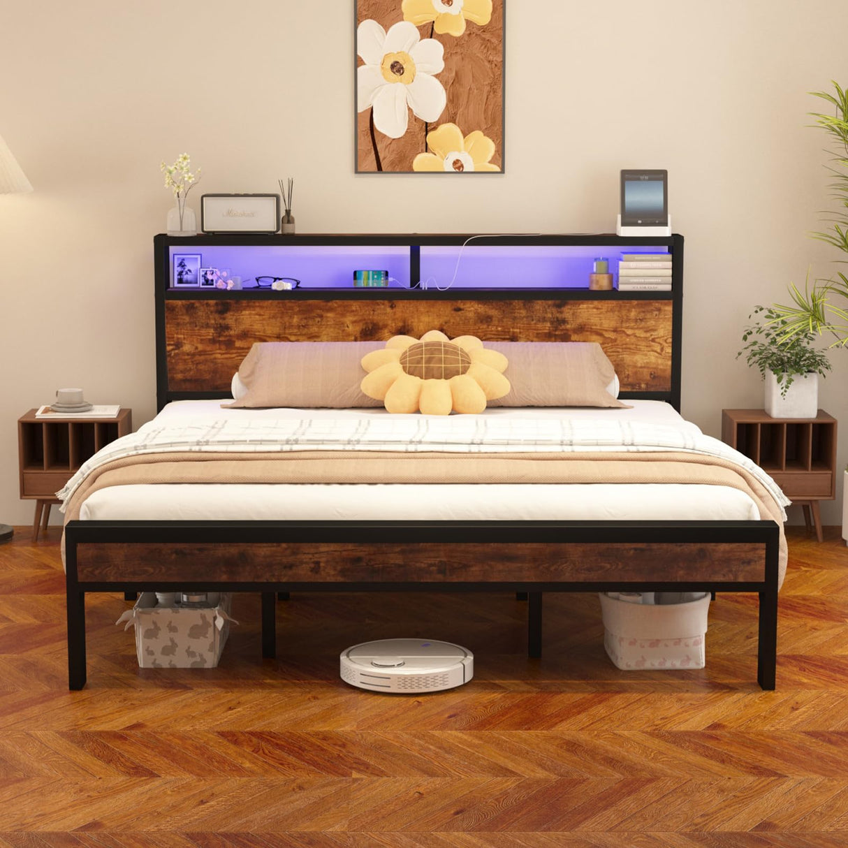 LoVinson Queen Size Bed Frame with LED Lights, 2-Tier Storage Headboard with Charging Station, Wood Slat Support, No Box Spring Needed, Noise Free, Easy Assembly, Rustic Brown
