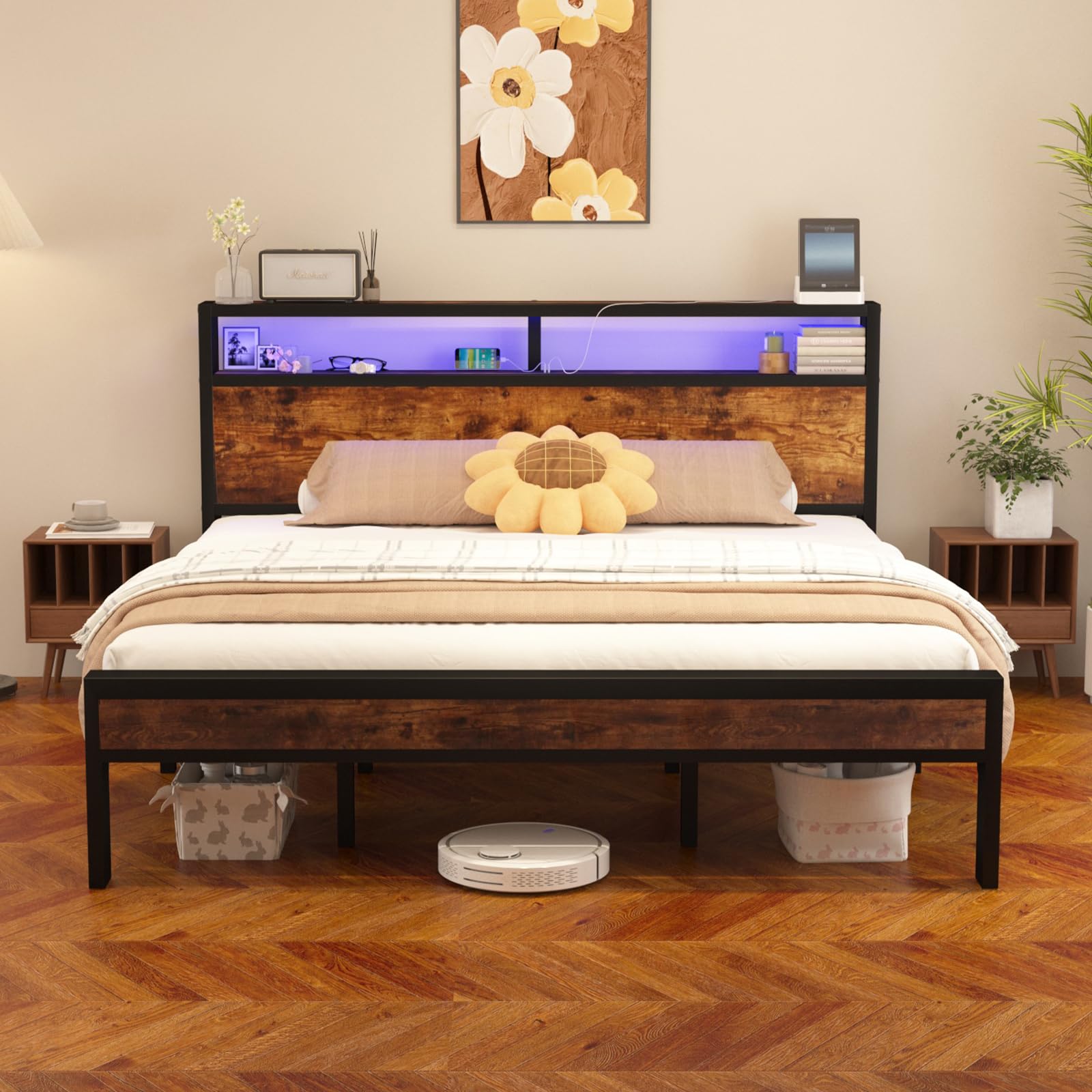 LoVinson Queen Size Bed Frame with LED Lights, 2-Tier Storage Headboard with Charging Station, Wood Slat Support, No Box Spring Needed, Noise Free, Easy Assembly, Rustic Brown