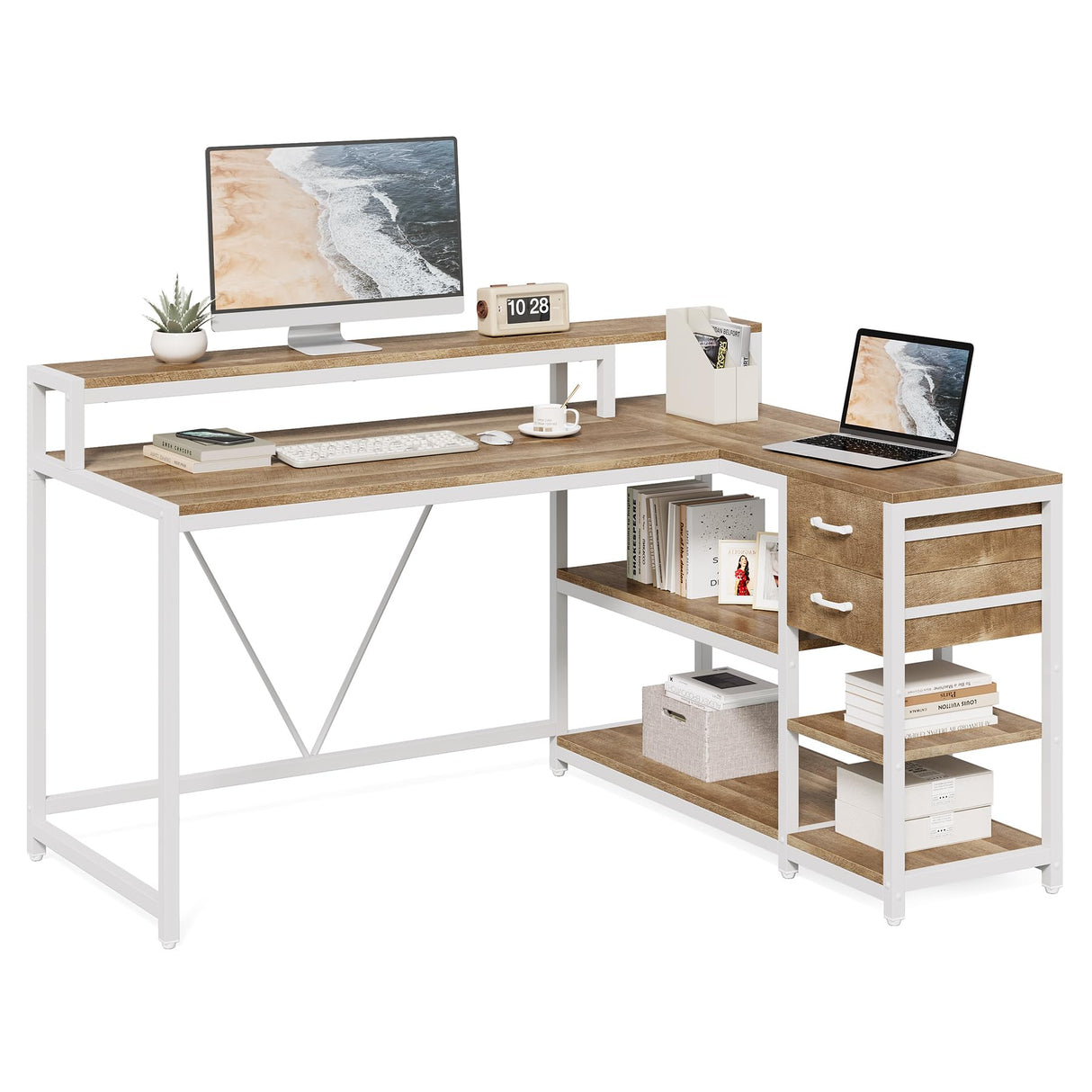 55-Inch L-Shaped Computer Desk, Reversible Computer Desk with Drawers