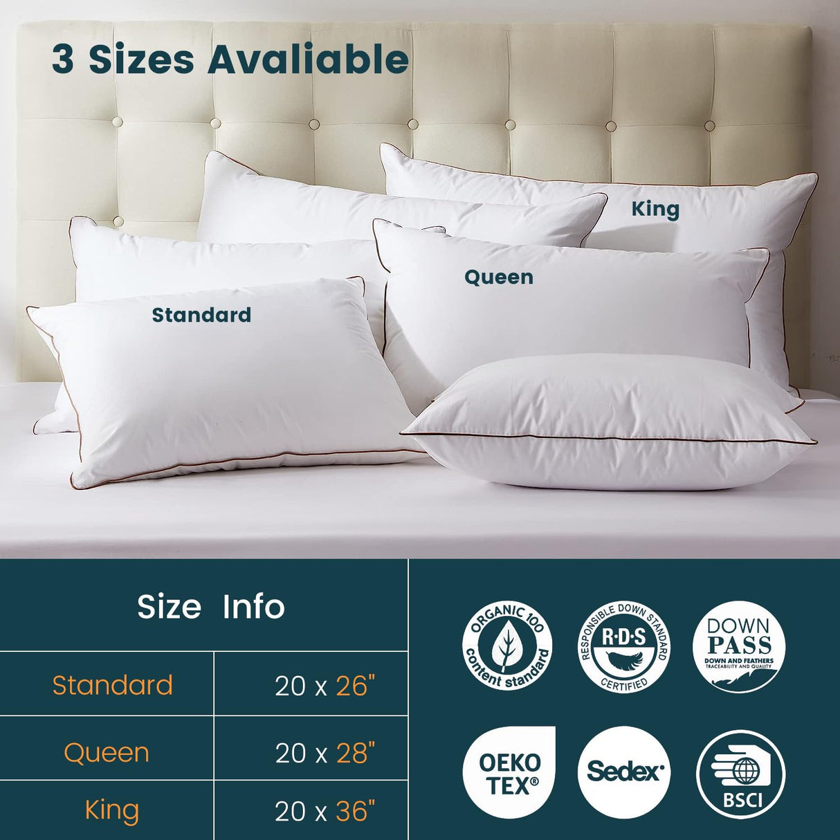 Luxury Hungarian White Goose Down Pillows, Standard Bed Pillows with 750 Fill Power