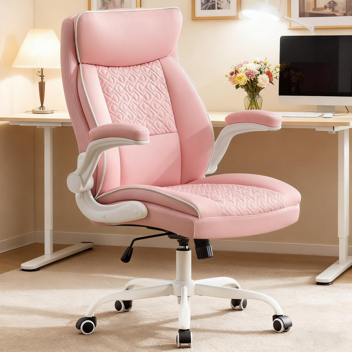 Pink Leather Office Chair with Lumbar Support & Flip-Up Armrests