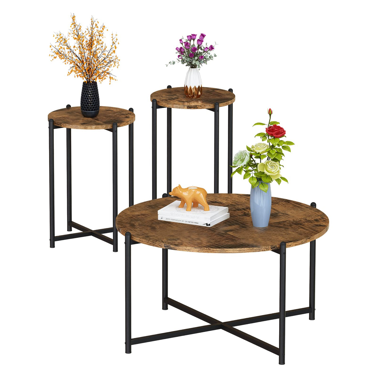 Coffee Table Set of 3, Modern Round Coffee Table & 2pcs End Table Wooden Tabletop