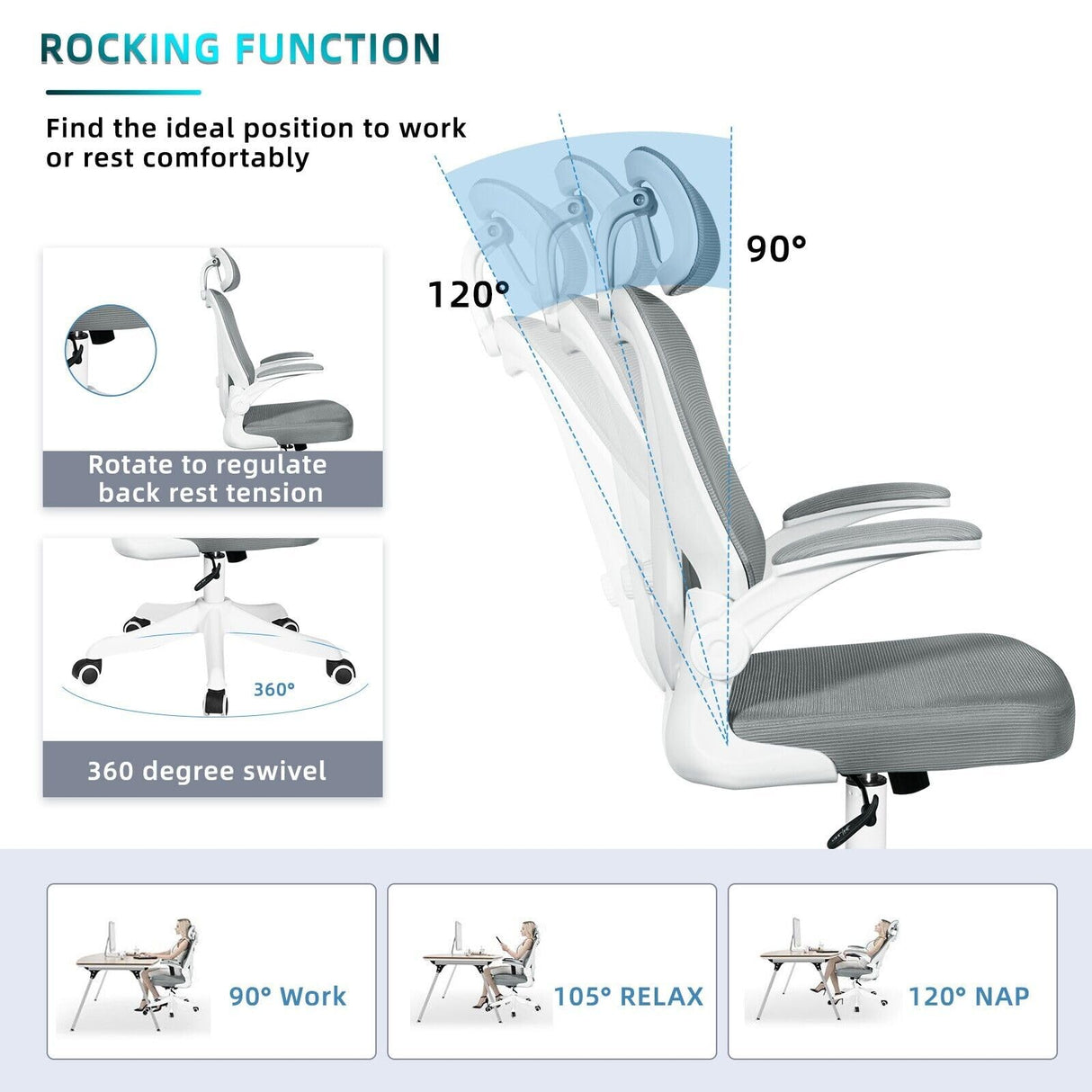 Ergonomic High Back Office Chair with Headrest - Breathable Mesh, Adjustable, Grey,