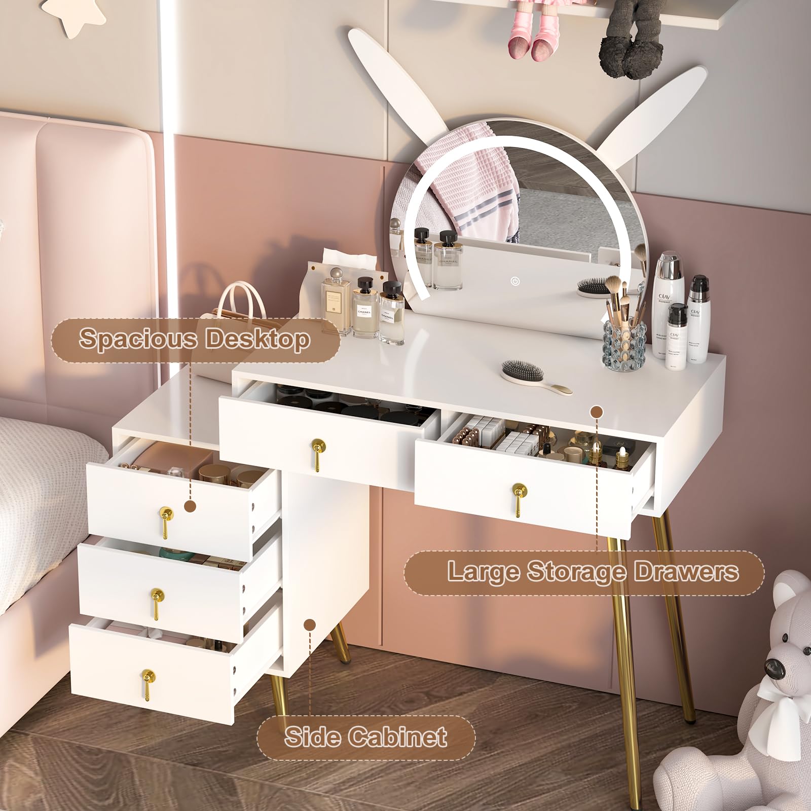 Vanity Desk with Mirror and Lights,Makeup Table with 5 Drawers and Led Lighted