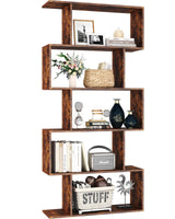 Bookshelf 5-Tier, Geometric Bookcase S Shaped Book Shelves for Bedroom, Modern Industrial Wood Decorative Display Shelf Book Case for Home Office, Rustic Brown