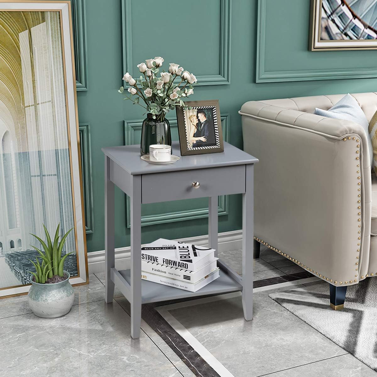 Nightstand Wooden 2-Tier Couch Sofa Side Table with Drawer, Storage Shelf