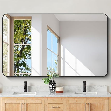 Bathroom Mirror, 30"x55" Black Rectangle Wall Mirror, Metal Frame Rounded Corner