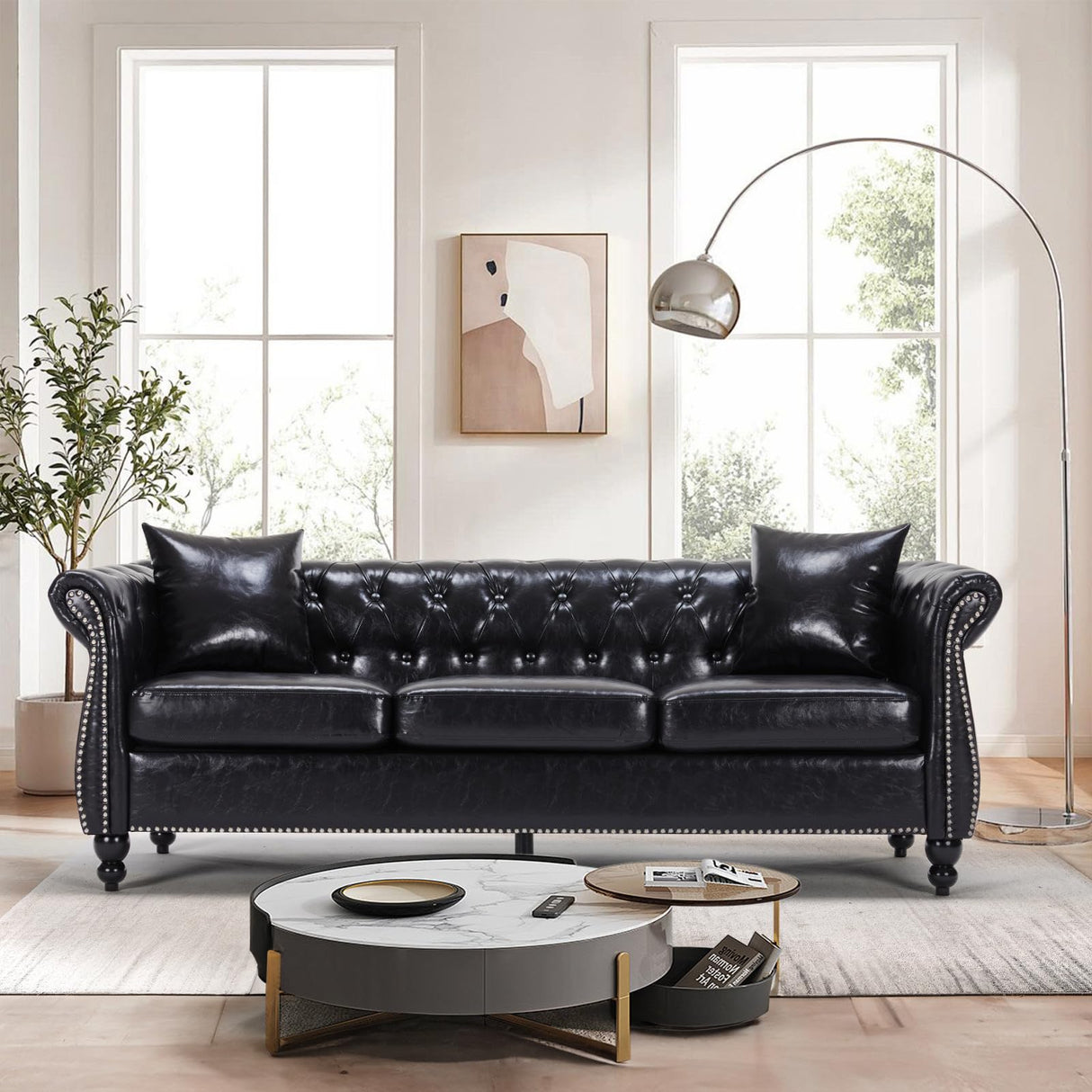 Chesterfield Sofa 83.4 " Faux Leather Couches with Gourd Wooden Legs,