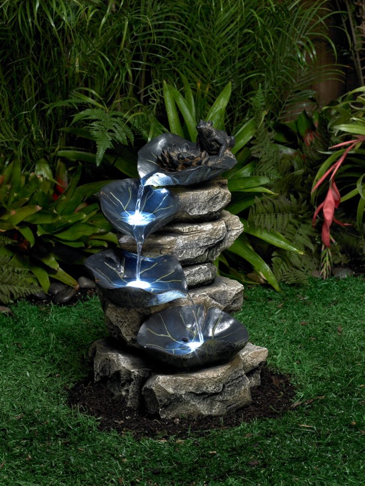 Frog and Four Lily Pad Rustic Outdoor Floor Water Fountain 21" High with LED