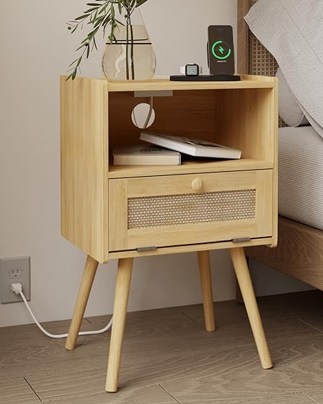 Rattan Nightstand,Farmhouse Bedside Table with Storage Drawer and Open Shelf,Modern