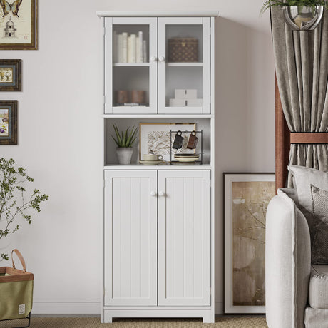 Tall Bathroom Storage Cabinet with with Glass Doors & Adjustable Shelves, Linen