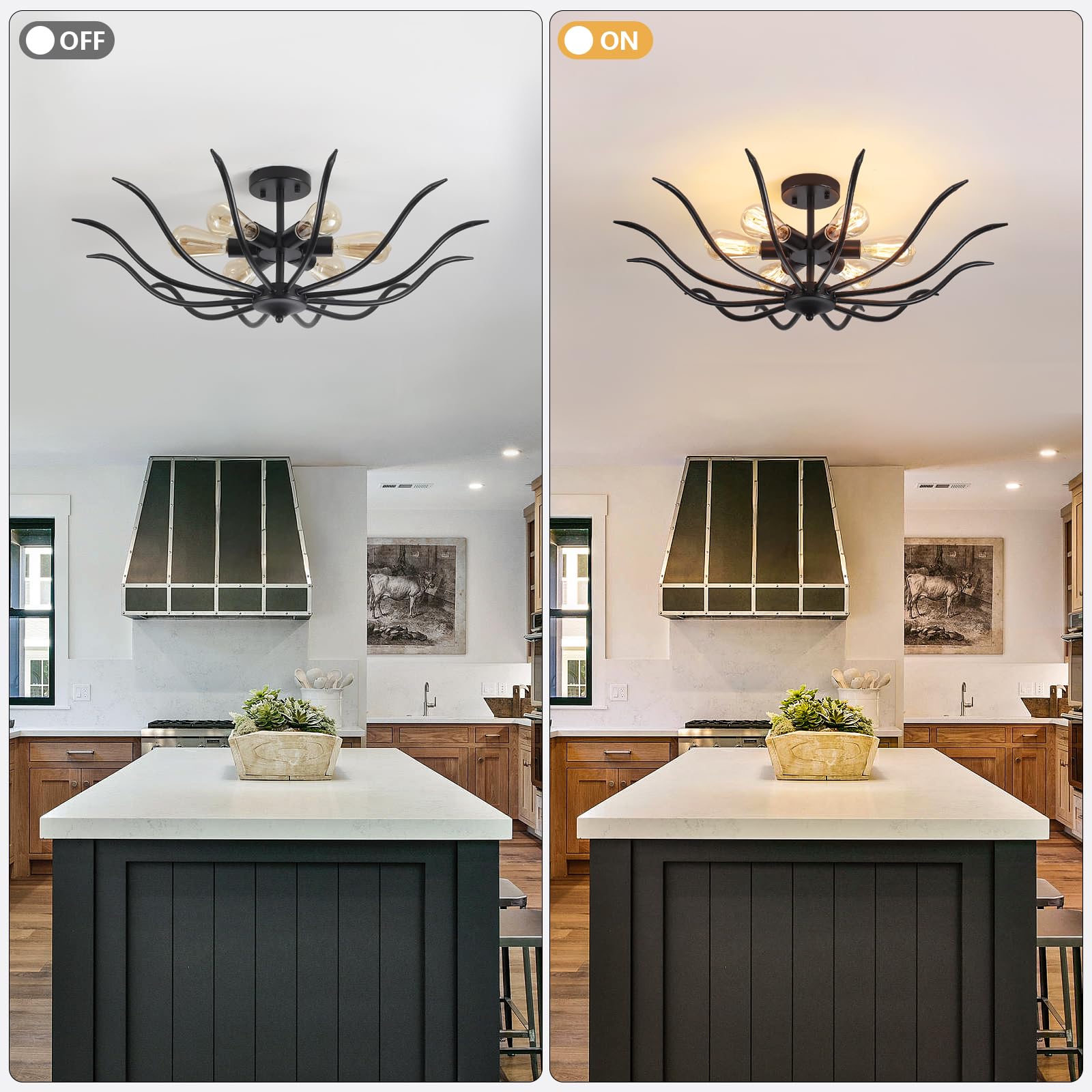 6-Light Semi Flush Mount Ceiling Light - 31.5" Modern Black Fixture