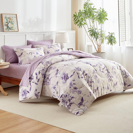 7-Piece Queen Size Bed in a Bag Comforter Set - Lilac Purple Floral Ensemble