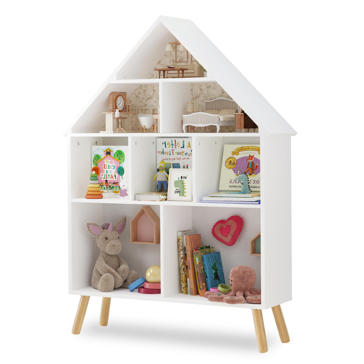 Kids Dollhouse Bookshelf and Baby Storage - Wooden Stand Dollhouse Bookcase