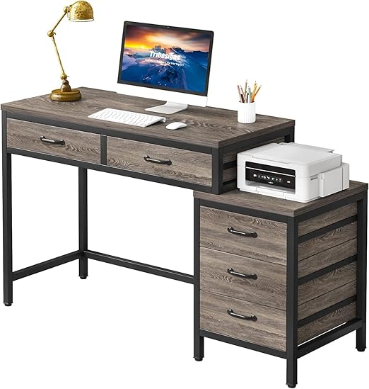 Computer Desk with 5 Drawers, Home Office Desks with Reversible Drawer Cabinet Printer