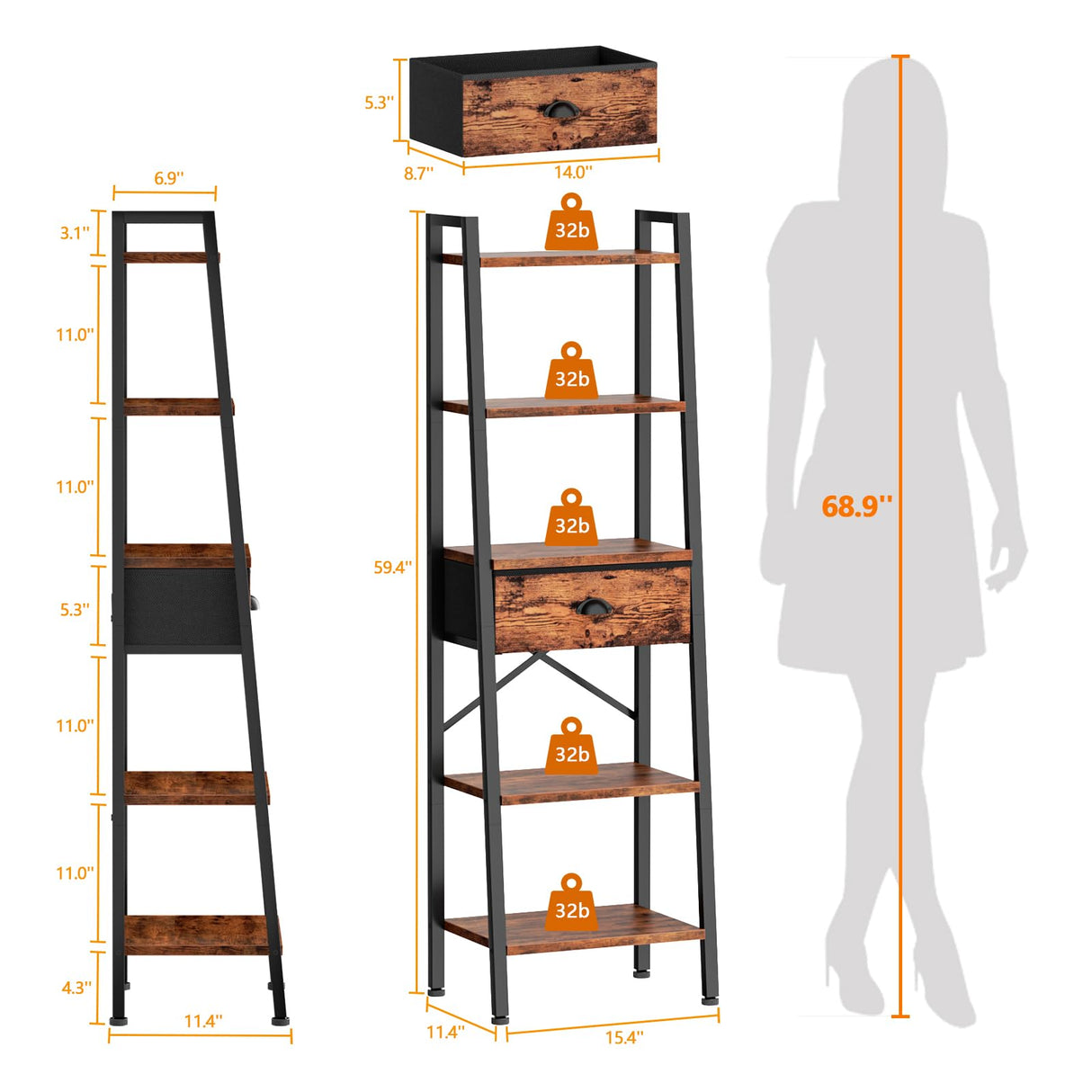 5 Tier Ladder Shelf with Drawer, Tall Bookshelf Storage Shelves, Bookcase Standing Shelf